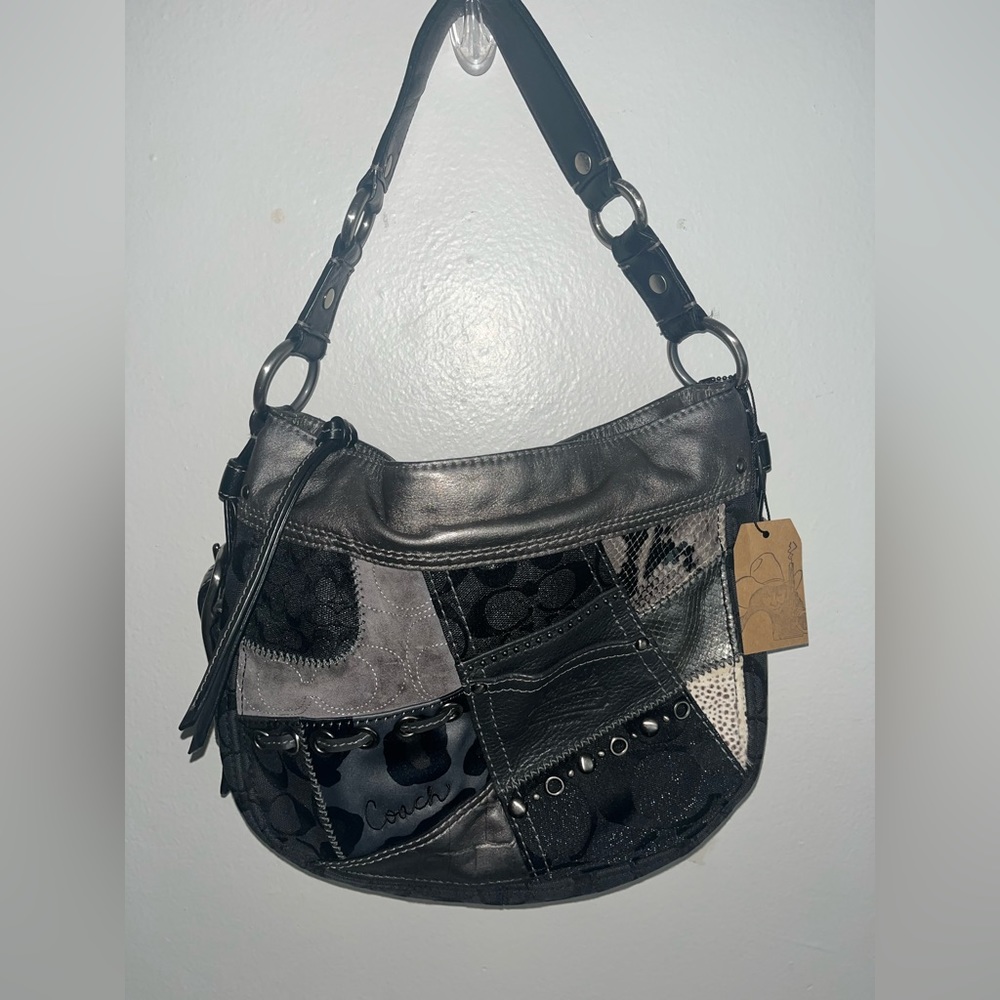 Coach Holiday Patchwork Silver 12901 Animal Print Black Gray Purse Handbag